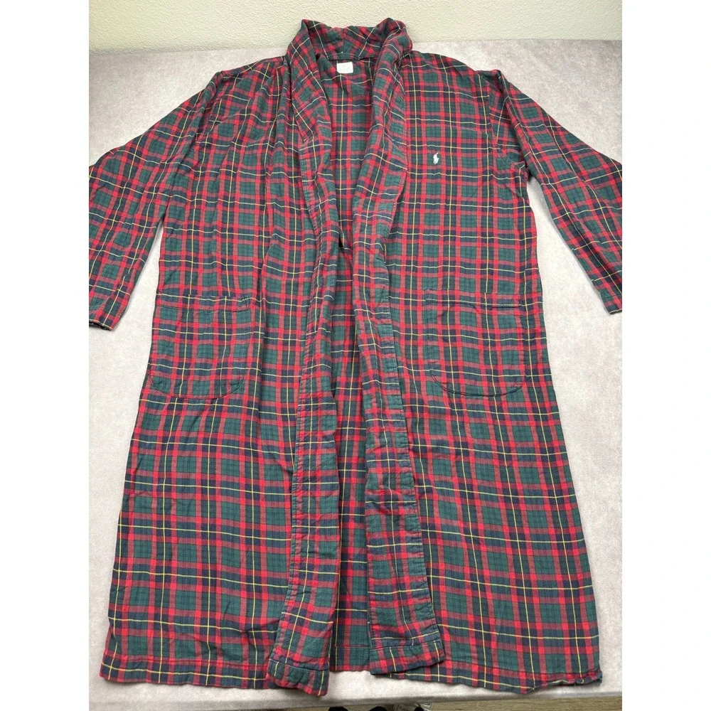 VTG Polo Ralph Lauren Mens L/XL Plaid Robe Red Green Cotton Shawl Collar Lounge